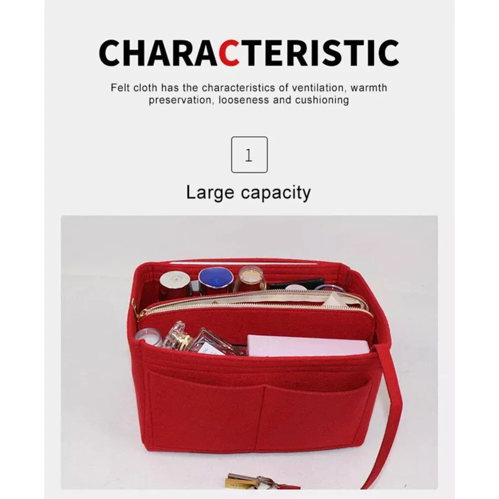 Felt Handbag Organizer Insert, 12 Pockets, Drawstring Zipper Pouch